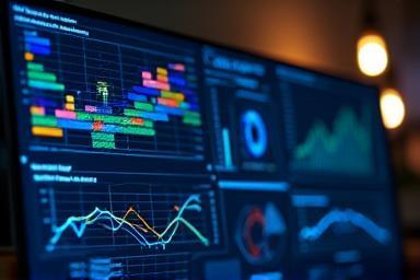Graph and data visualization on a screen, representing data journalism