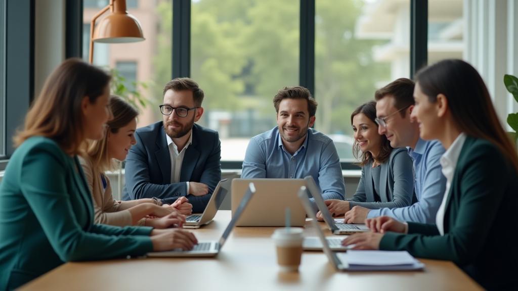 Background image showing a group of professionals engaged in a discussion around a table with laptops, representing modern media training.
